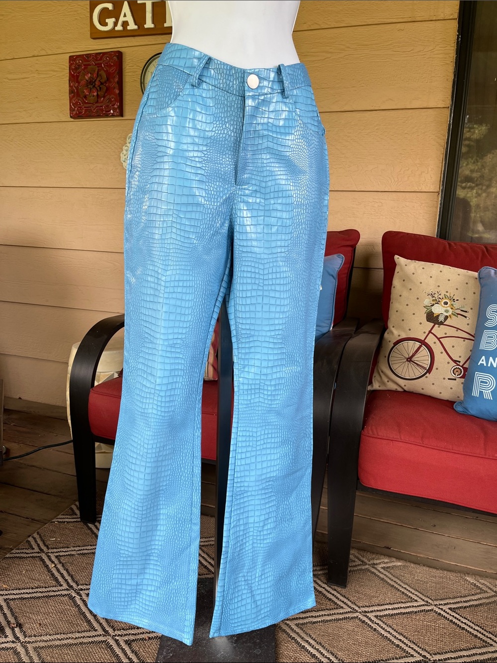 Princess Polly Light Blue Croc-Embossed Wide-Leg Jeans Faux Leather Sz 2